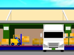 物流倉庫でトラックとフォークリフトが荷物を運ぶ様子(logistics warehouse truck forklift scene)