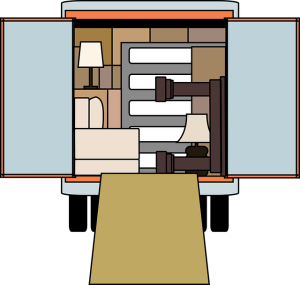 引っ越しトラックの荷台に家具や段ボールが積まれているイラスト。積み込み作業のイメージが分かる画像。