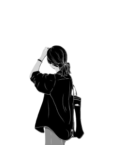 星空の下で立ち止まる女性の後ろ姿のイラスト（back view of woman under night sky illustration）