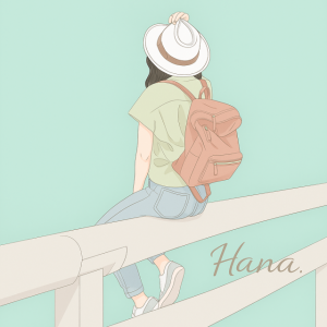 帽子をかぶり、リュックを背負って柵に座る女性のイラスト