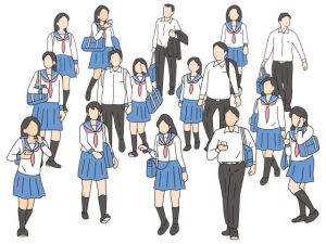 中学校の前で生徒が下校する様子を描いたイラスト。チラシ配りバイトの説明用イメージ