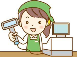 バーコードスキャナーを持ってレジ操作をする女性スタッフのイラスト