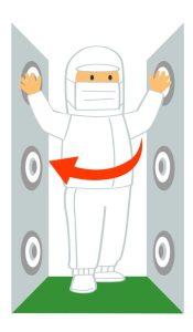 食品工場のエアシャワー室で、作業員が回転しながら衣服のホコリを吹き飛ばす衛生管理工程のイラスト 