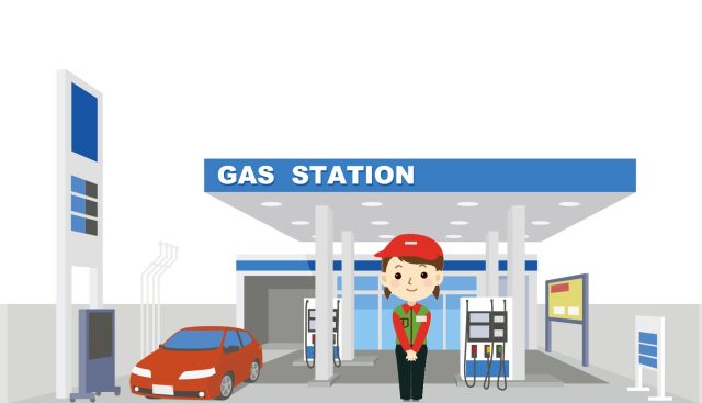ガソリンスタンドでチラシ配りをする軽作業スタッフのイメージイラスト