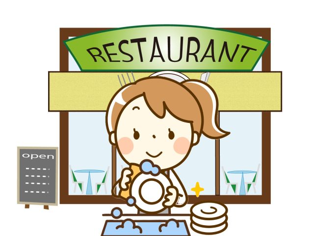 京都市内のレストランで皿洗いの隙間バイトをする様子を表したイラスト