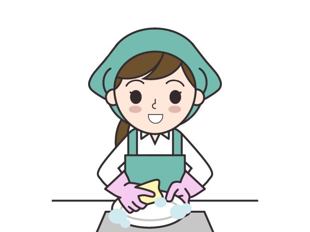 飲食チェーンの洗い場で食器を洗う様子を表したイラスト