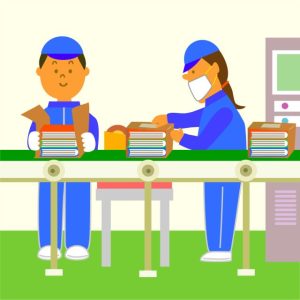 教材セットをライン作業で梱包していく倉庫内作業のイラスト 